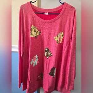 Holiday Time Pink Sequin Tree Long Sleeve Top
